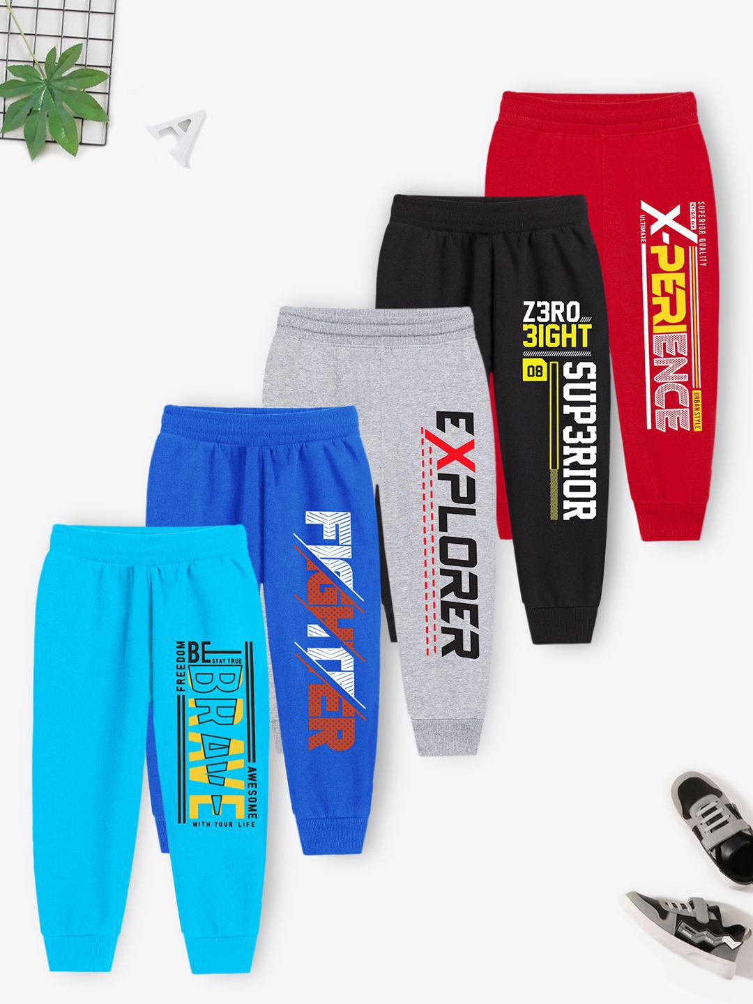 

YK X Trampoline Kids Pack of 5 printed Cotton Mid-Rise Joggers, Red