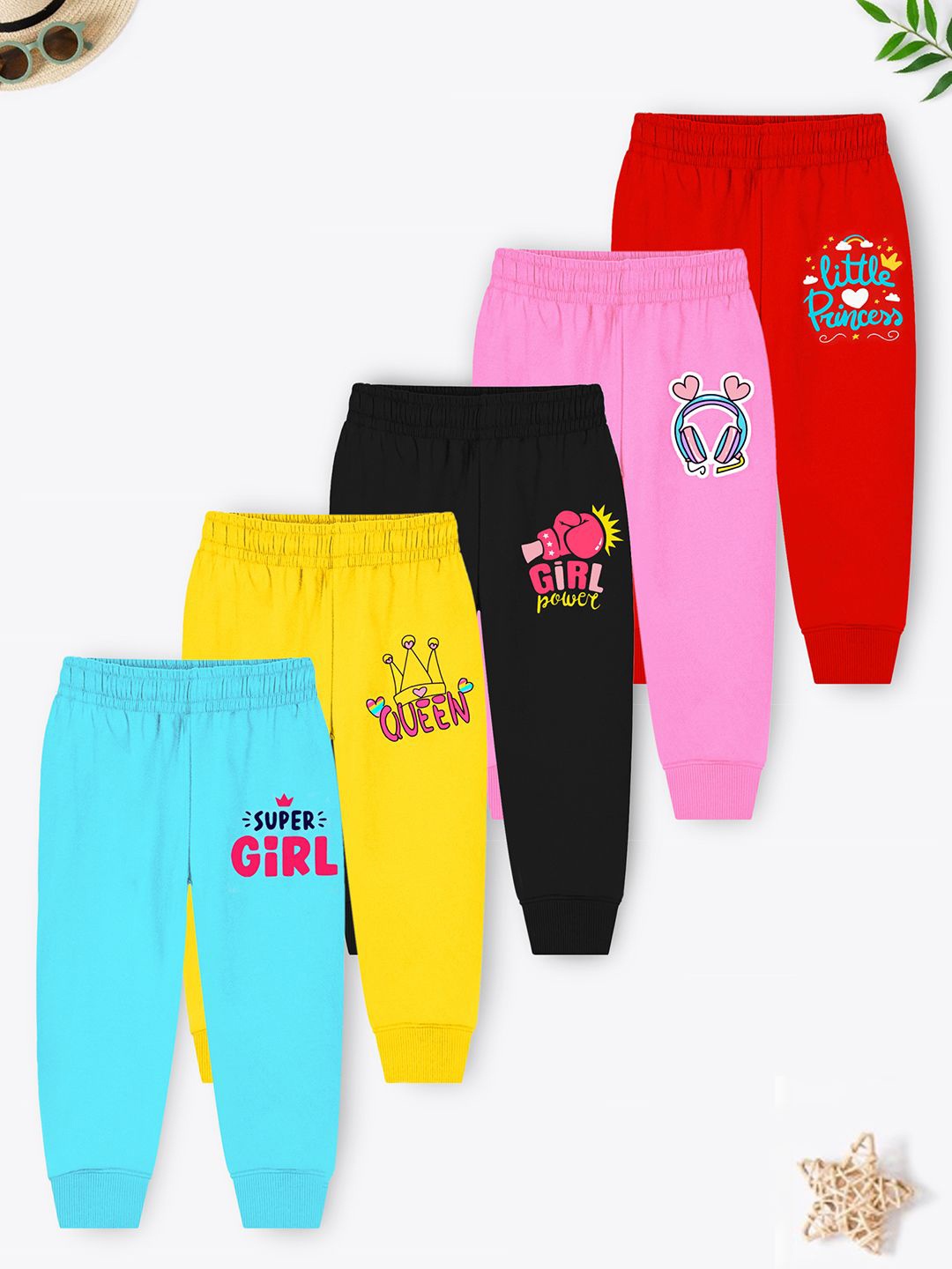 

YK X Trampoline Girls Pack Of 5 Printed Mid Rise Cotton Joggers, Yellow