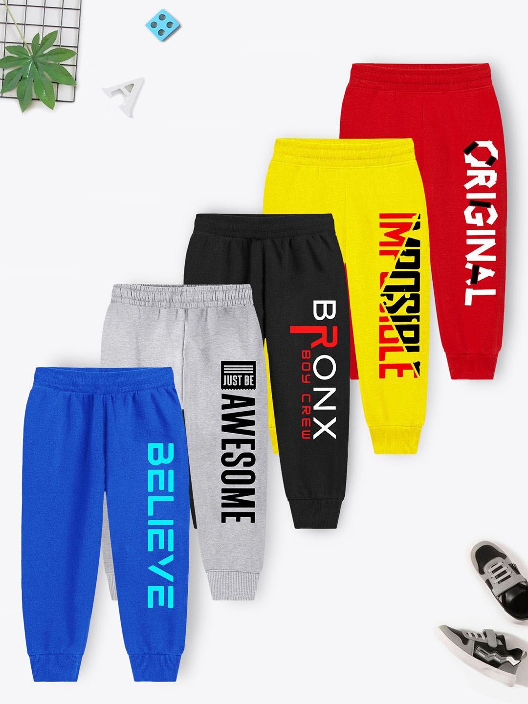 

YK X Trampoline Kids Pack Of 5 Printed Cotton Joggers, Grey