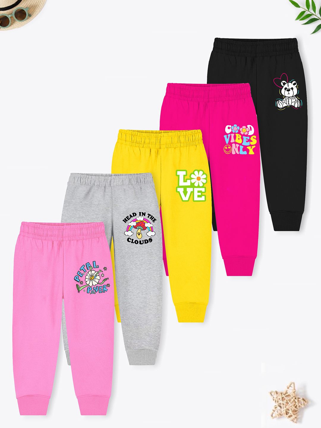 

YK X Trampoline Kids Pack Of 5 Printed Cotton Mid Rise Joggers, Grey