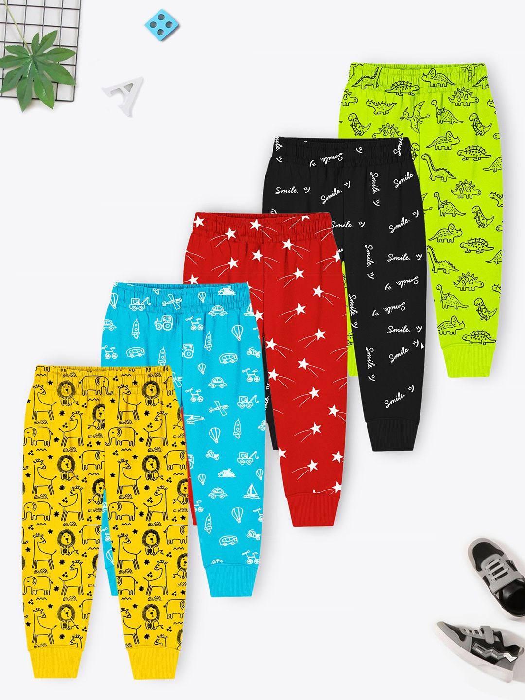 

YK X Trampoline Kids Pack Of 5 Printed Cotton Joggers, Black