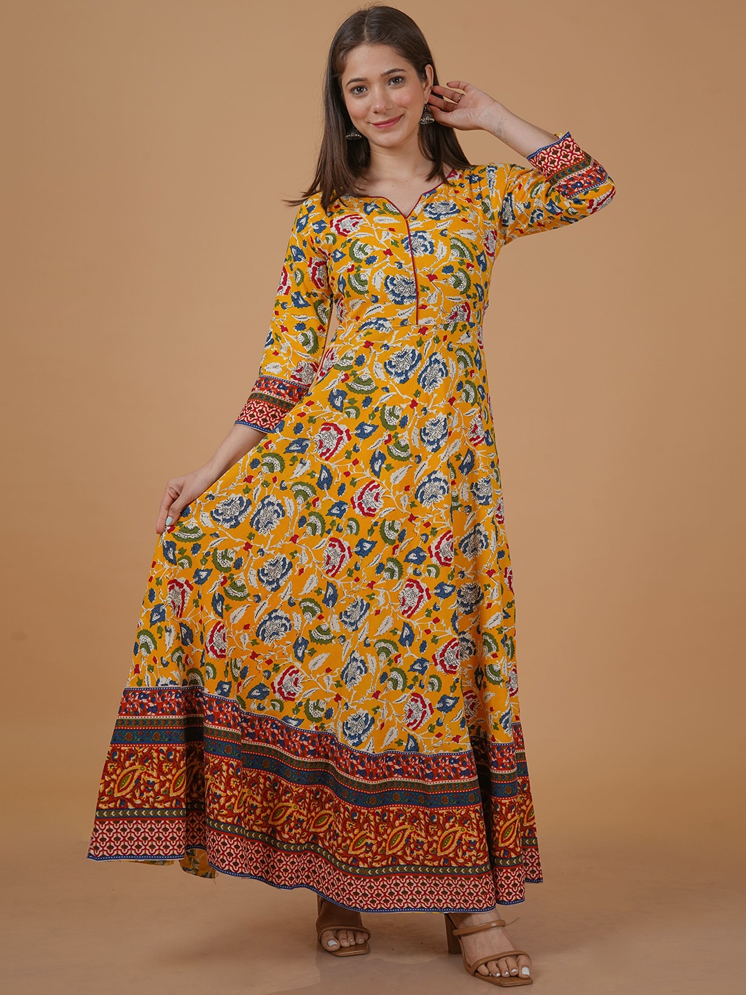 

INDIANIC Women Floral Print Tie-Up Neck Maxi Dress, Yellow