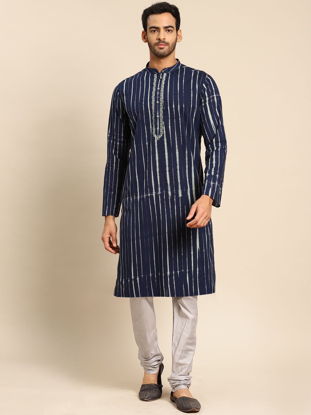 

Anouk Navy Blue Striped Mandarin Collar Pure Cotton Straight Kurta with Churidar