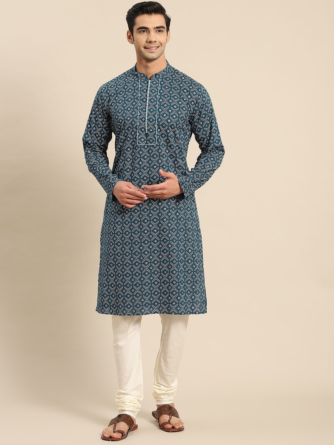 

Anouk Ethnic Motifs Printed Mandarin Collar Straight Kurta With Churidar, Blue