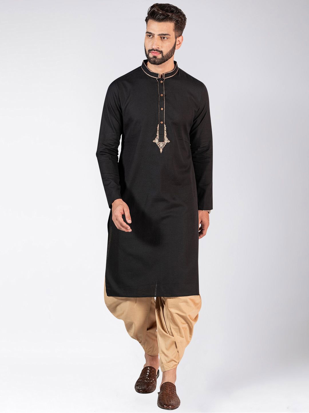 

Anouk Black Mandarin Collar Long Sleeves Thread Work Straight Kurta With Dhoti Pants