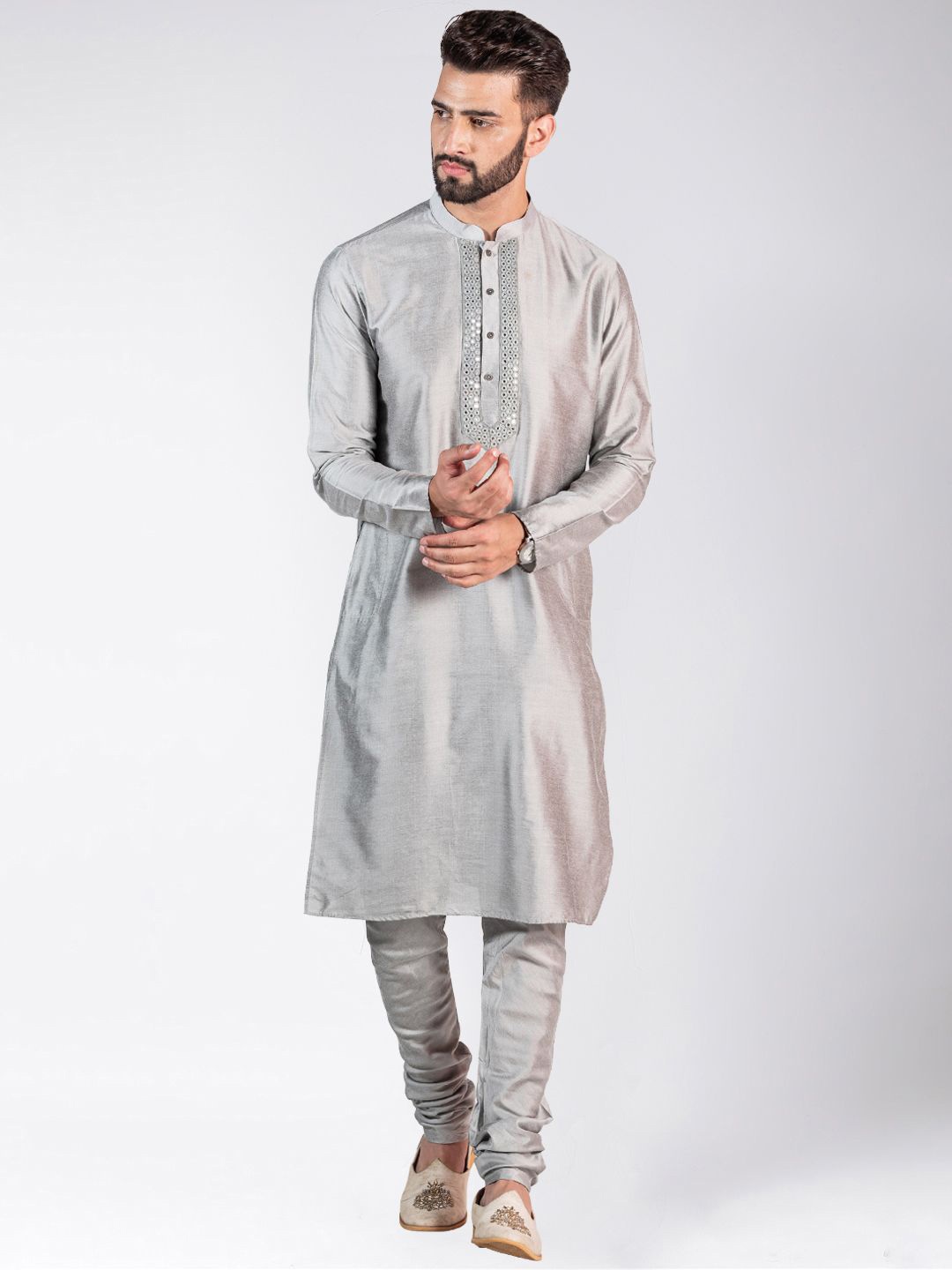 

Anouk Grey Mandarin Collar Long Sleeves Mirror Work Straight Kurta With Churidar