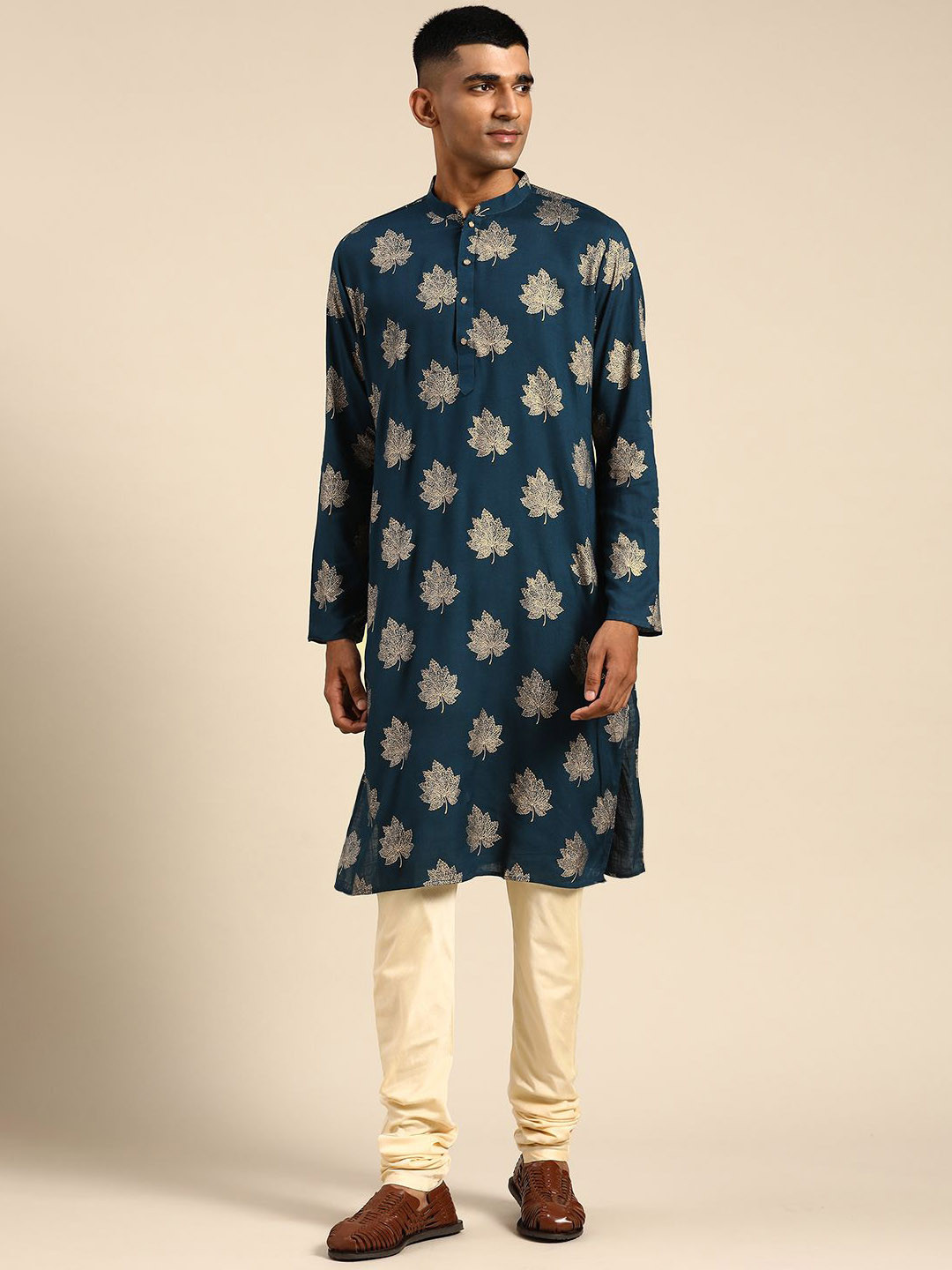 

Anouk Floral Printed Mandarin Collar Regular Straight Kurta With Churidar, Blue