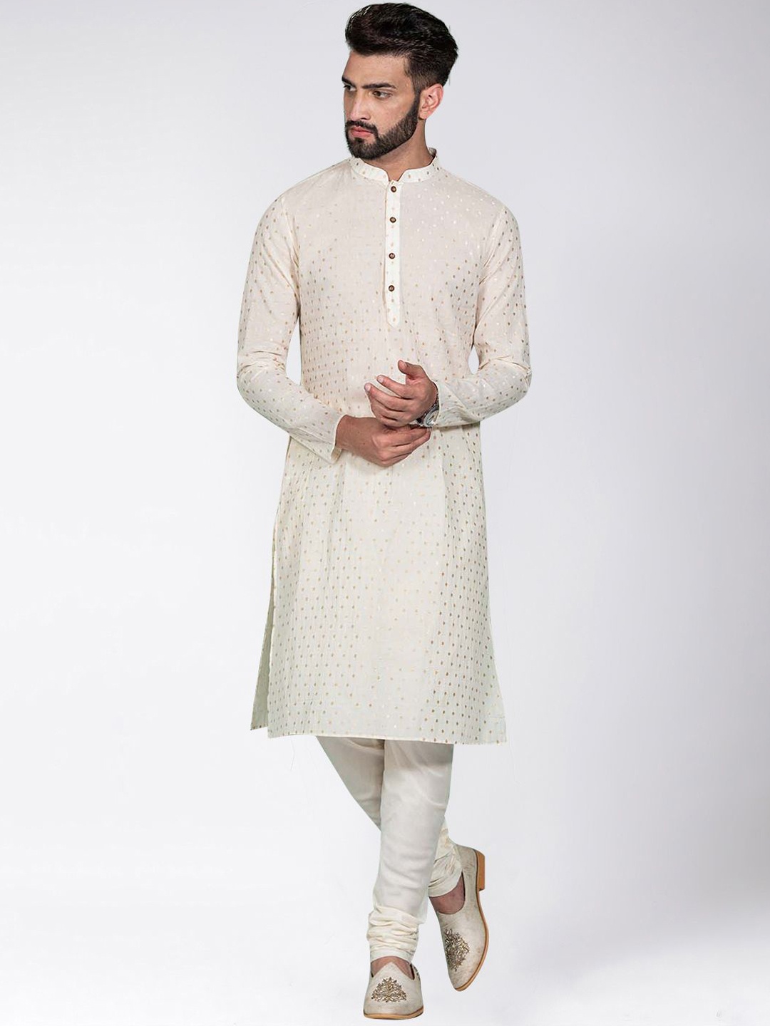 

Anouk Ethnic Motifs Woven Design Mandarin Collar Regular Straight Kurta With Churidar, Off white