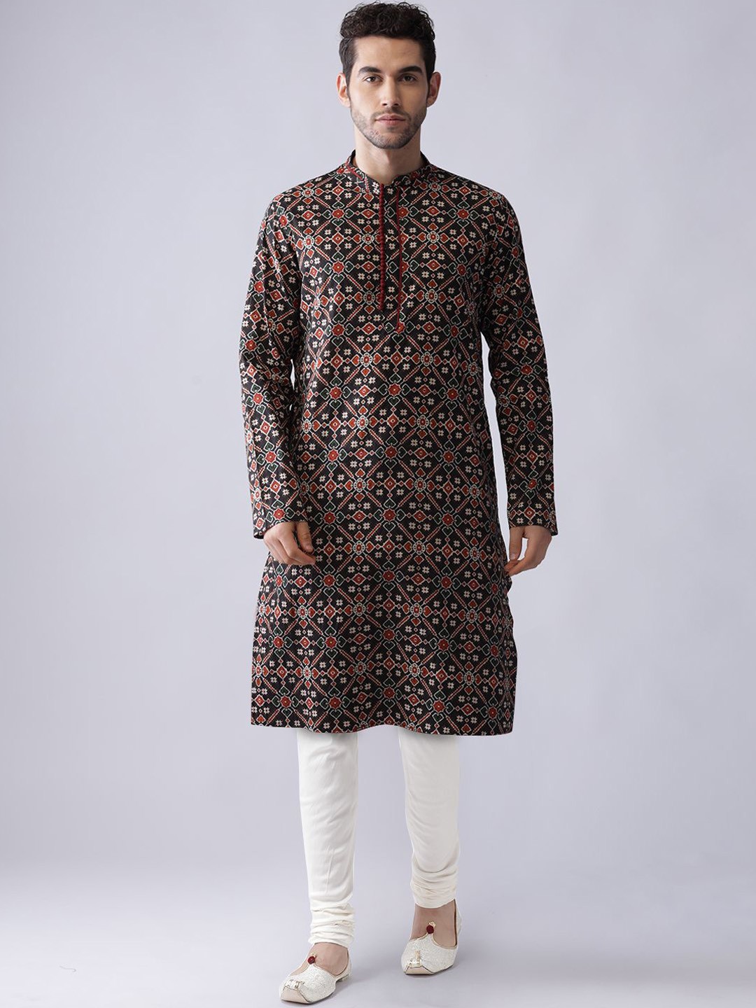 

Anouk Black Floral Printed Mandarin Collar Straight Kurta with Churidar
