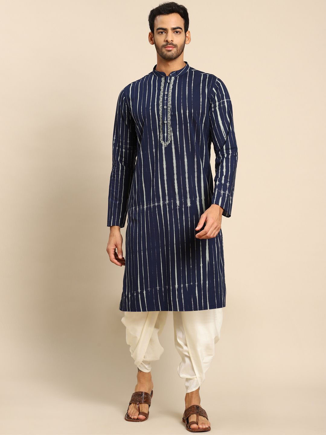 

Anouk Navy Blue Striped Mandarin Collar Pure Cotton Straight Kurta with Dhoti Pants