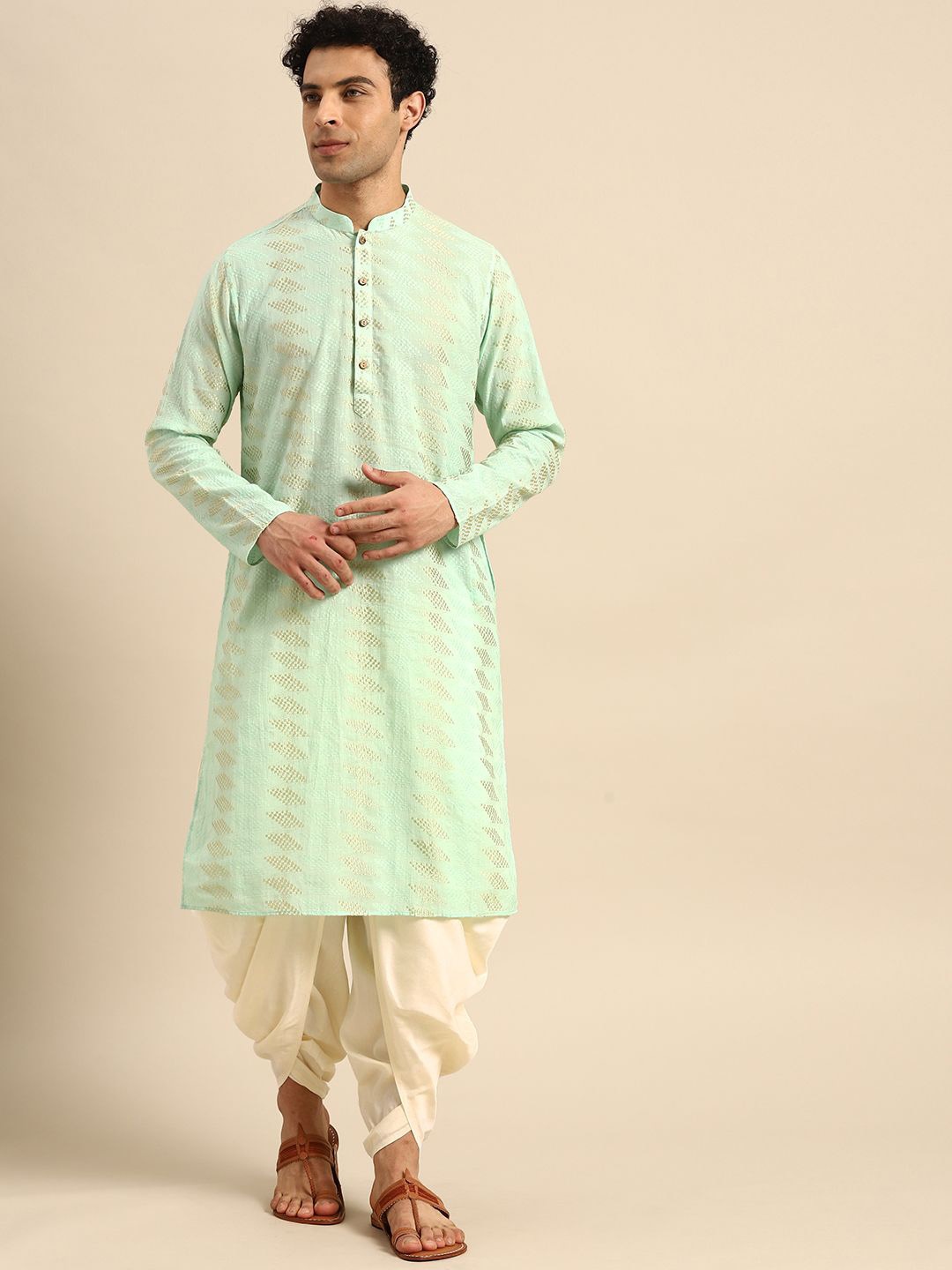

Anouk Green Geometric Embroidered Mandarin Collar Straight Kurta with Dhoti Pants