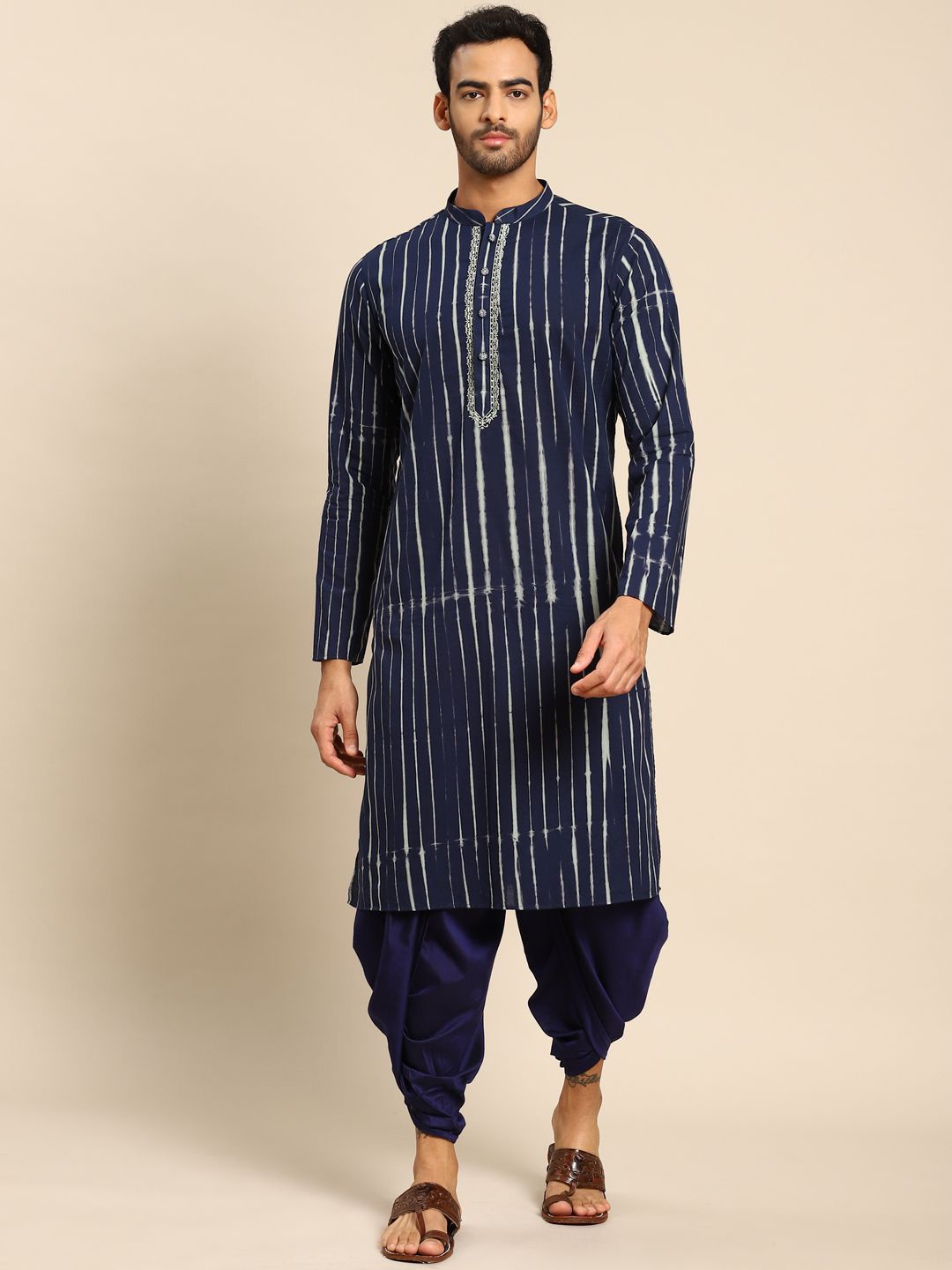 

Anouk Blue Striped Regular Thread Work Pure Cotton Kurta with Dhoti Pants