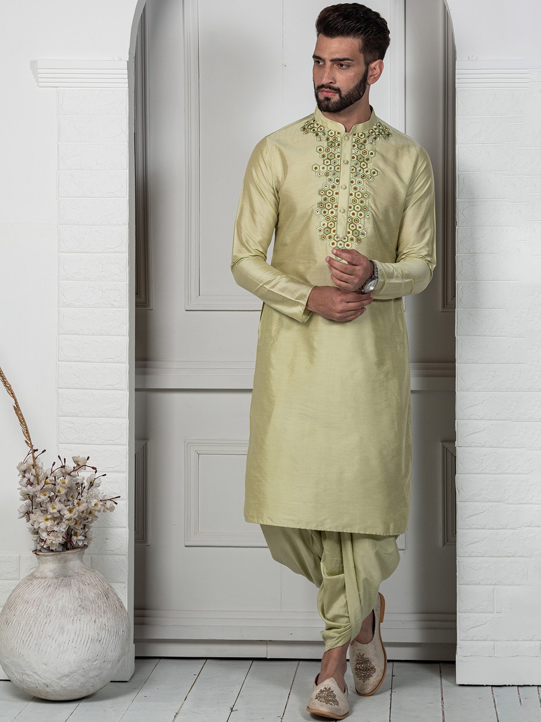 

Anouk Green Yoke Design Mandarin Collar Thread Work Straight Kurta With Dhoti Pants