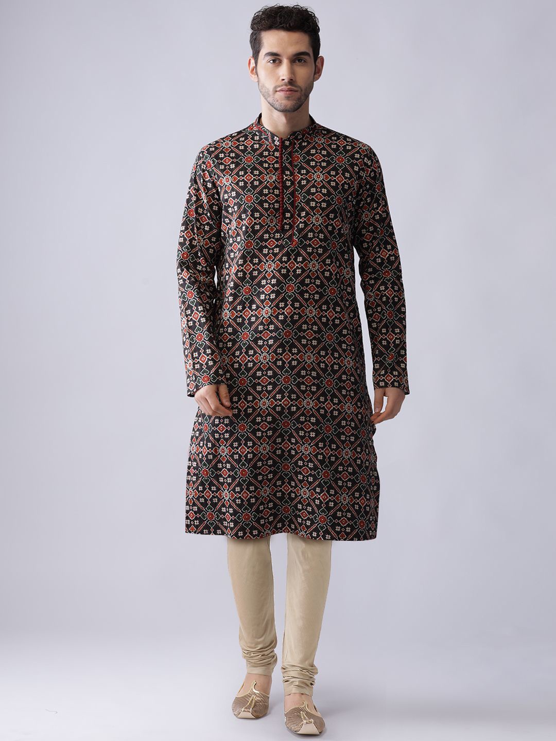 

Anouk Ethnic Motifs Printed Mandarin Collar Regular Straight Kurta With Churidar, Black