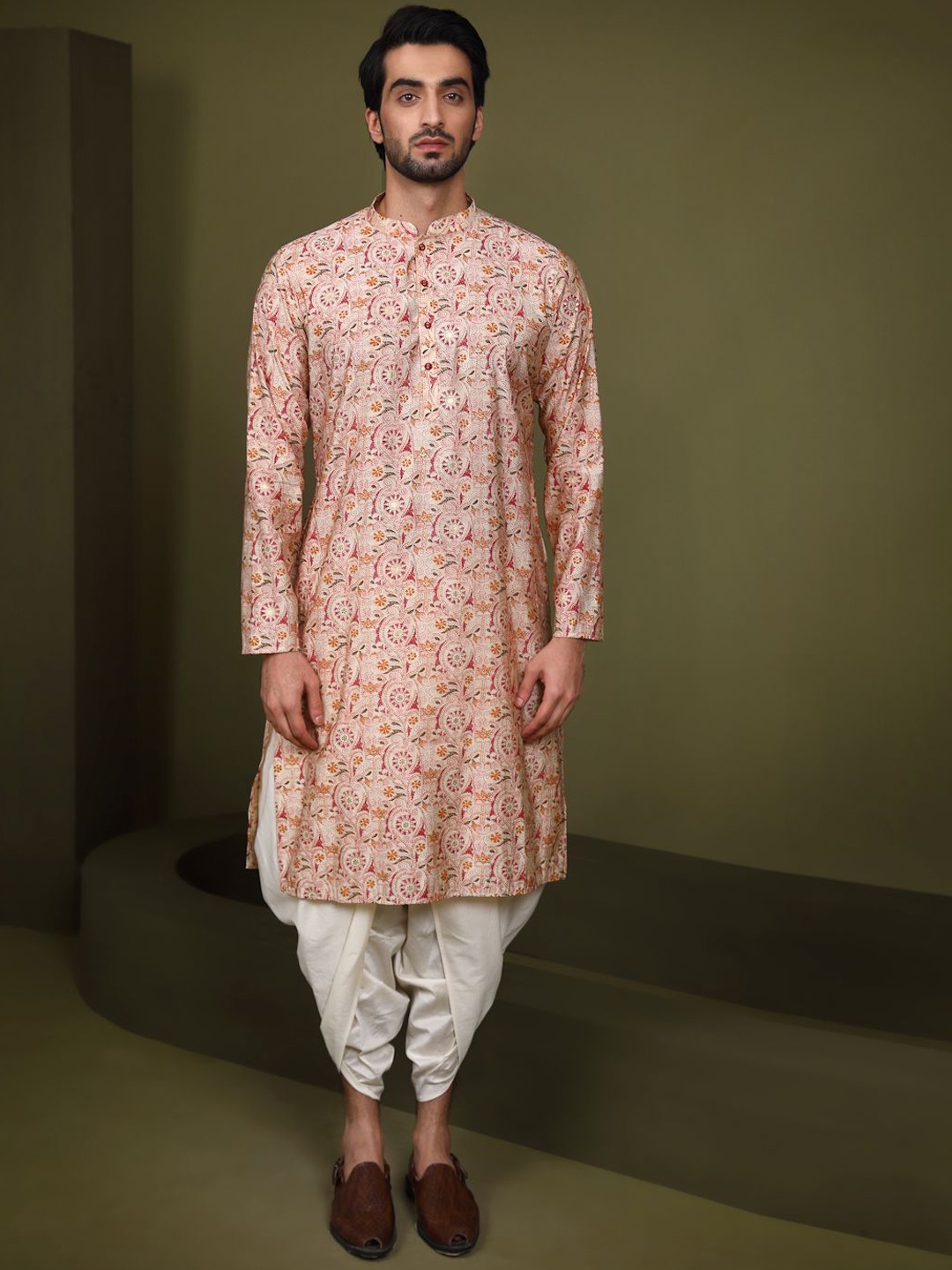 

Anouk Ethnic Motifs Printed Mandarin Collar Straight Kurta With Dhoti Pants, Peach