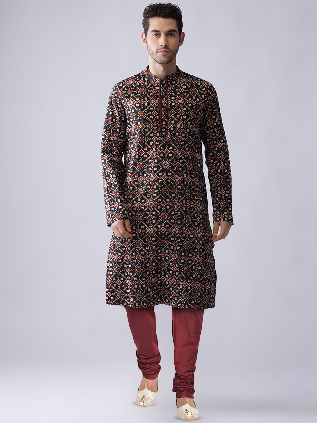 

Anouk Ethnic Motifs Printed Mandarin Collar Straight Kurta With Churidar, Black