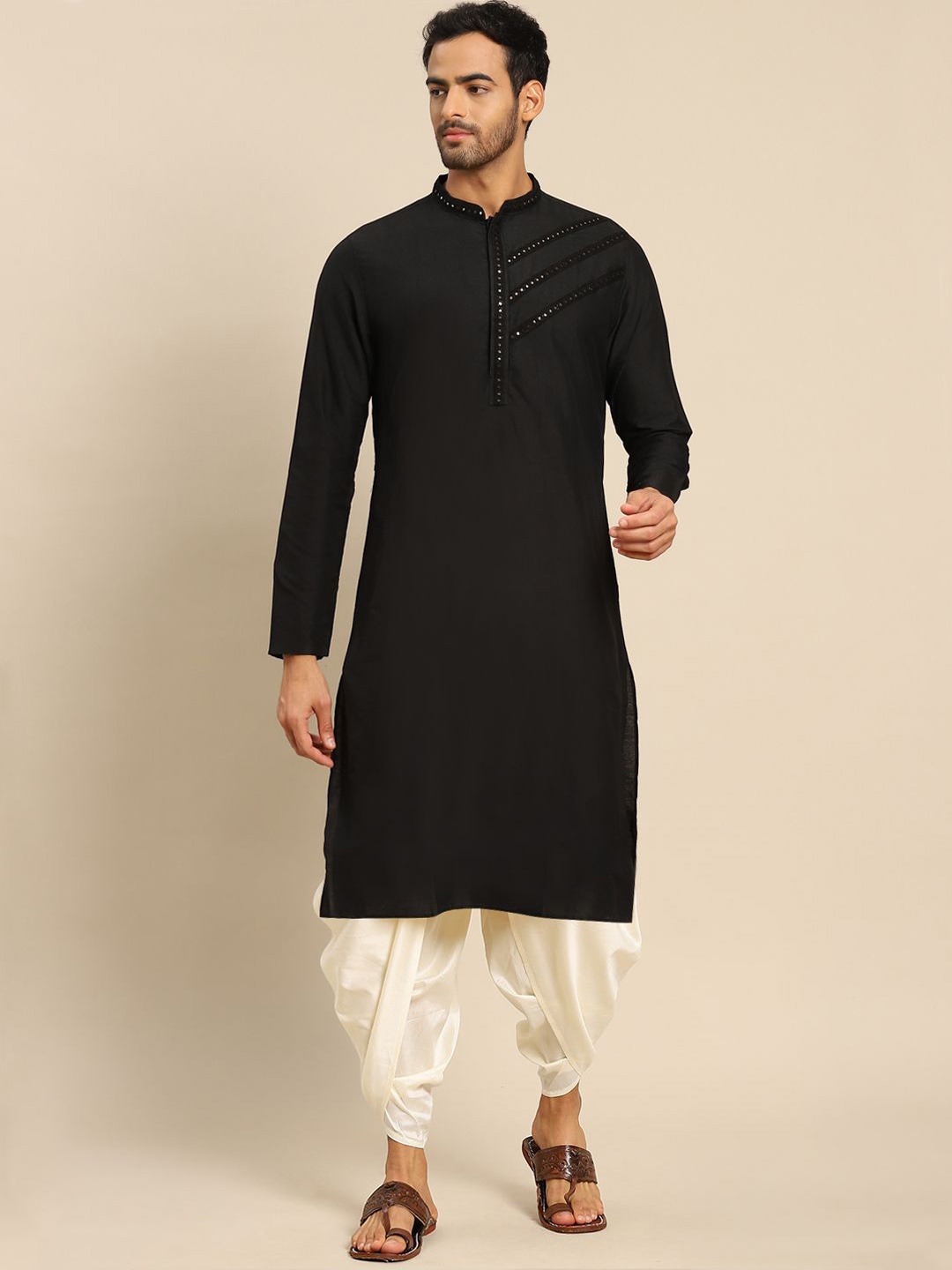 

Anouk Mandarin Collar Regular Mirror Work Straight Kurta With Dhoti Pant, Black