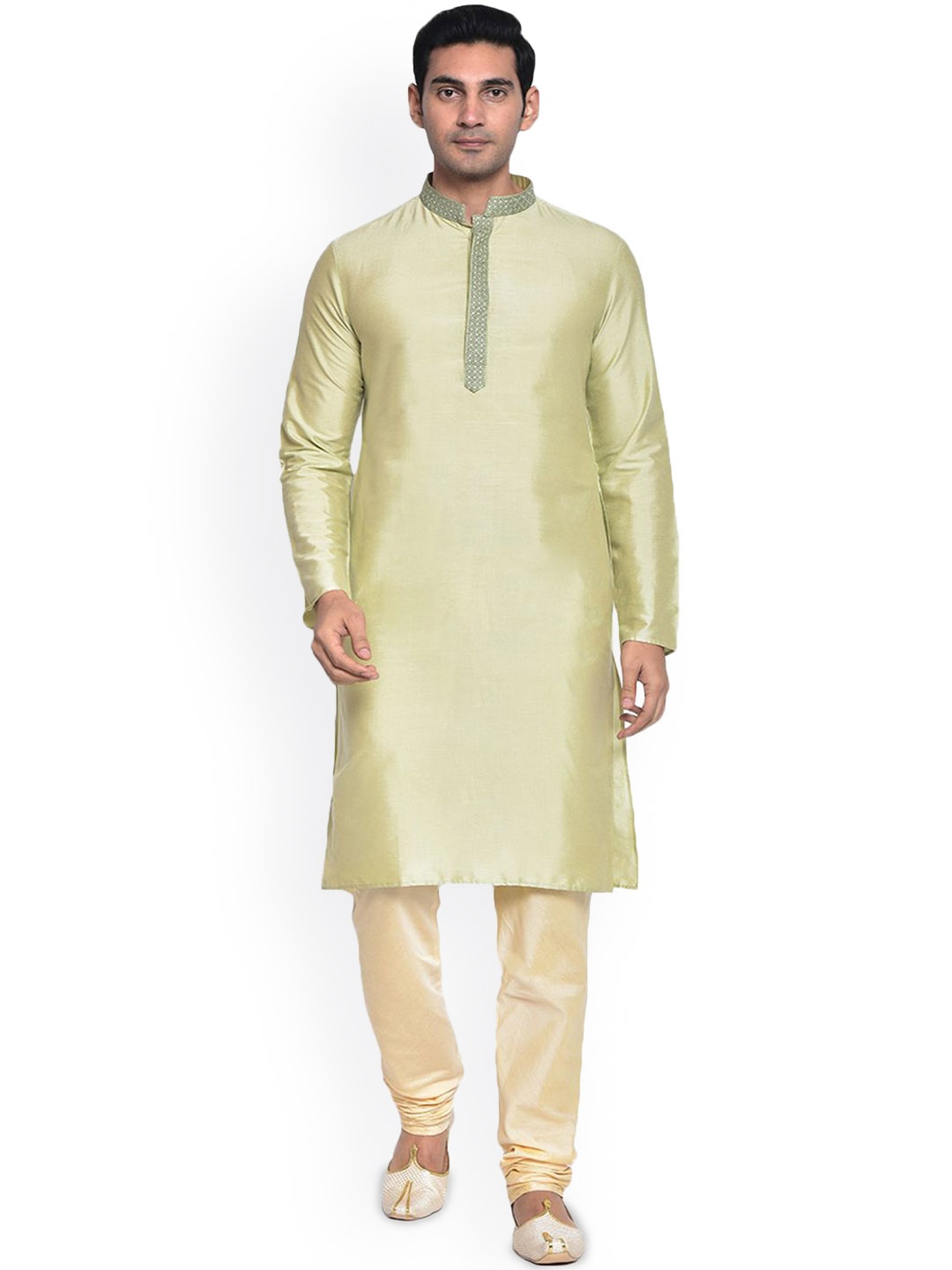 

Anouk Green Mandarin Collar Long Sleeves Straight Kurta With Churidar
