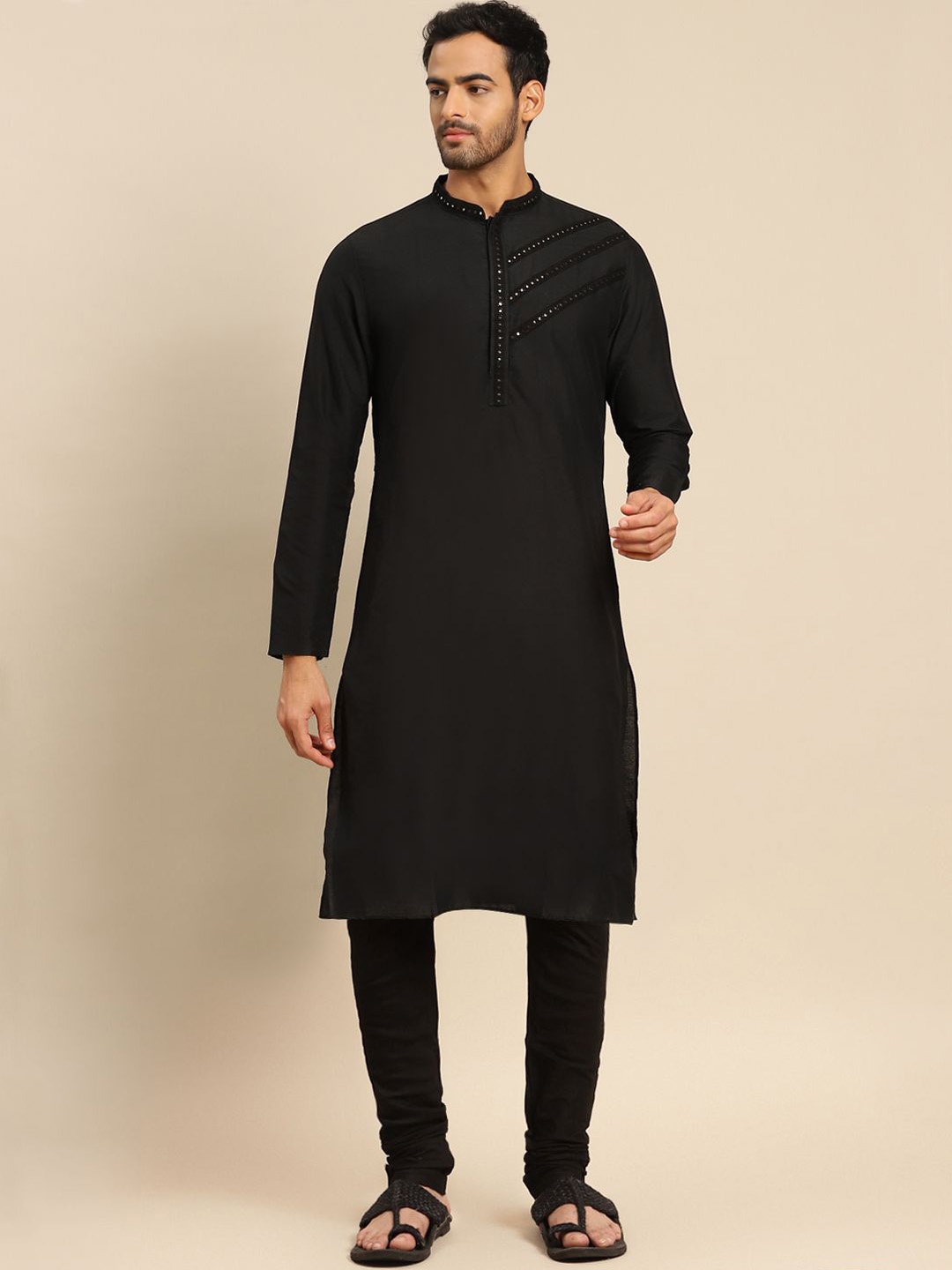 

Anouk Mandarin Collar Regular Mirror Work Straight Kurta With Churidar, Black
