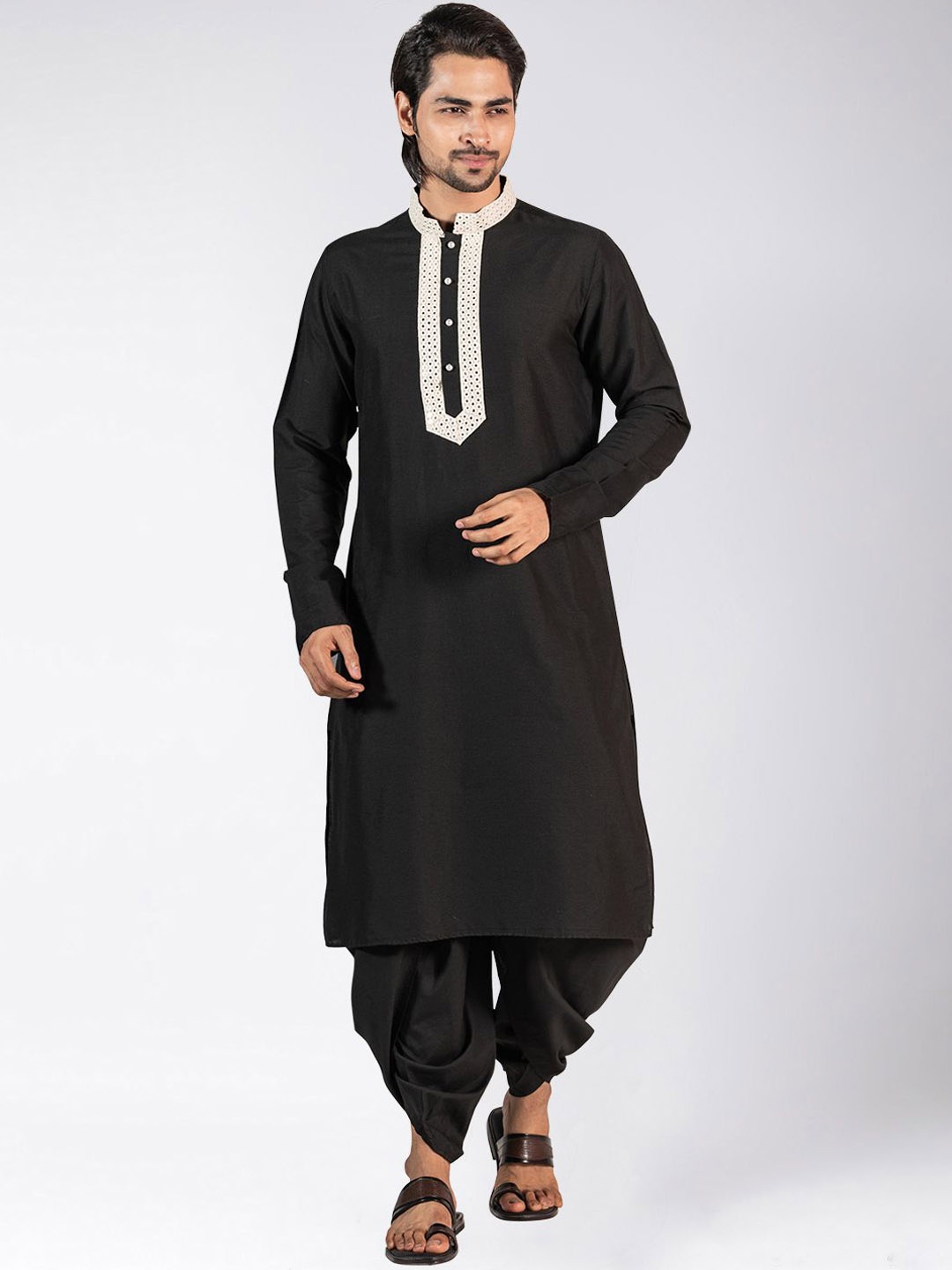 

Anouk Black Mandarin Collar Mirror Work Straight Kurta With Dhoti Pants