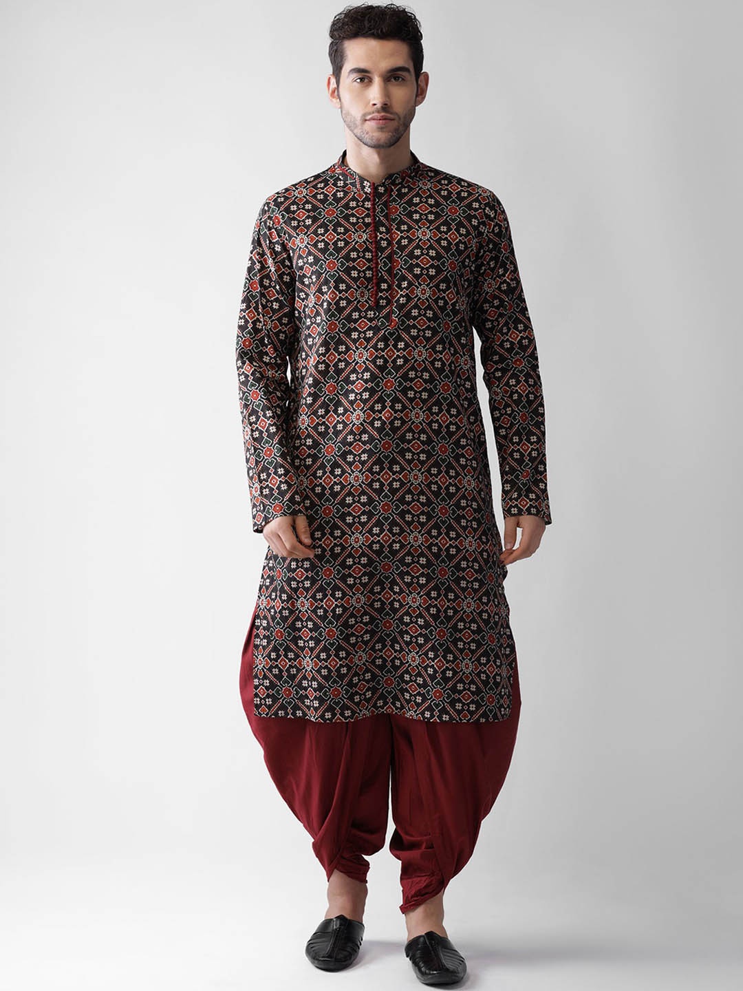 

Anouk Ethnic Motifs Printed Mandarin Collar Straight Kurta With Dhoti Pants, Black