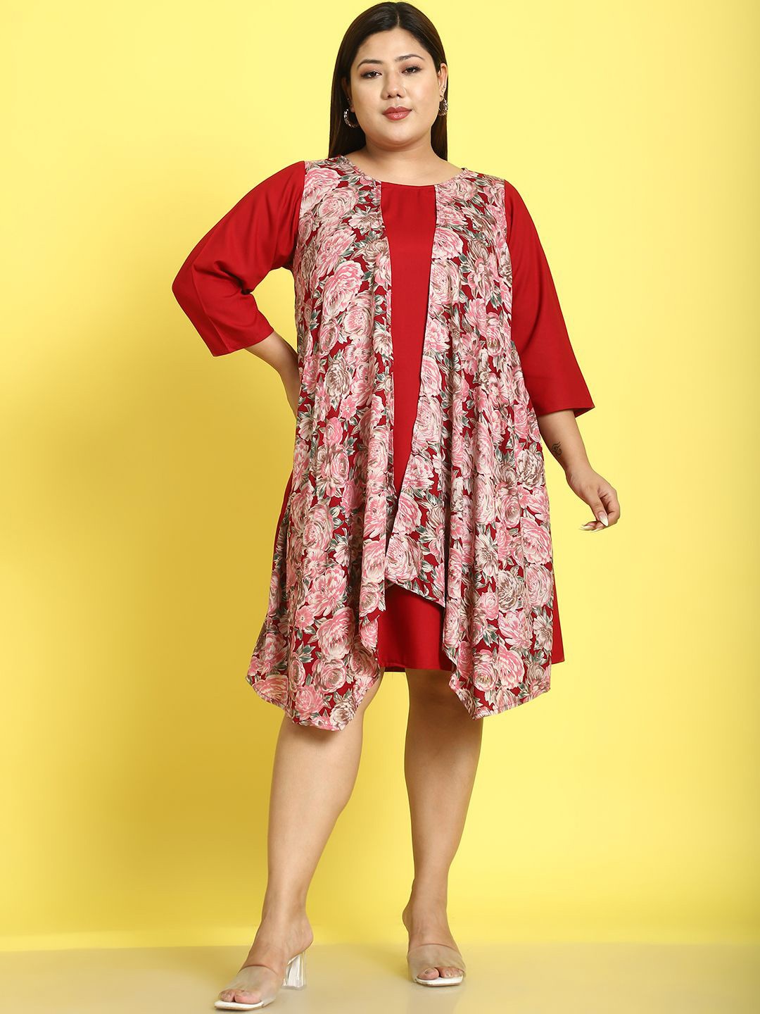 

theRebelinme Plus Size Floral Print Layered A-Line Dress, Maroon