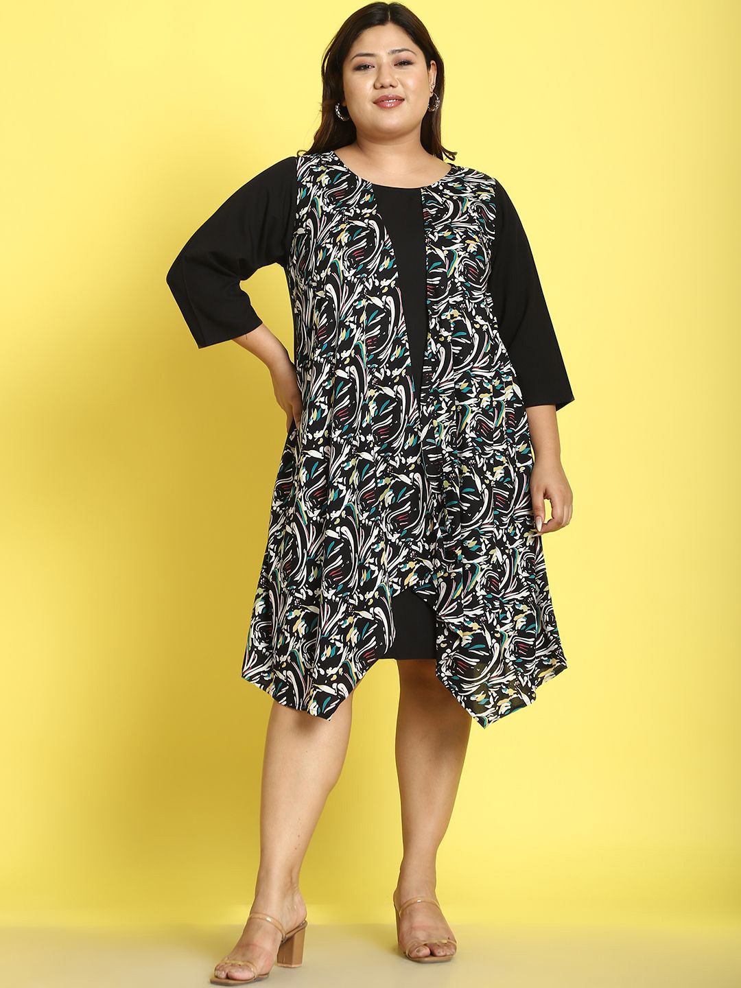 

theRebelinme Plus Size Print Layered A-Line Dress, Black