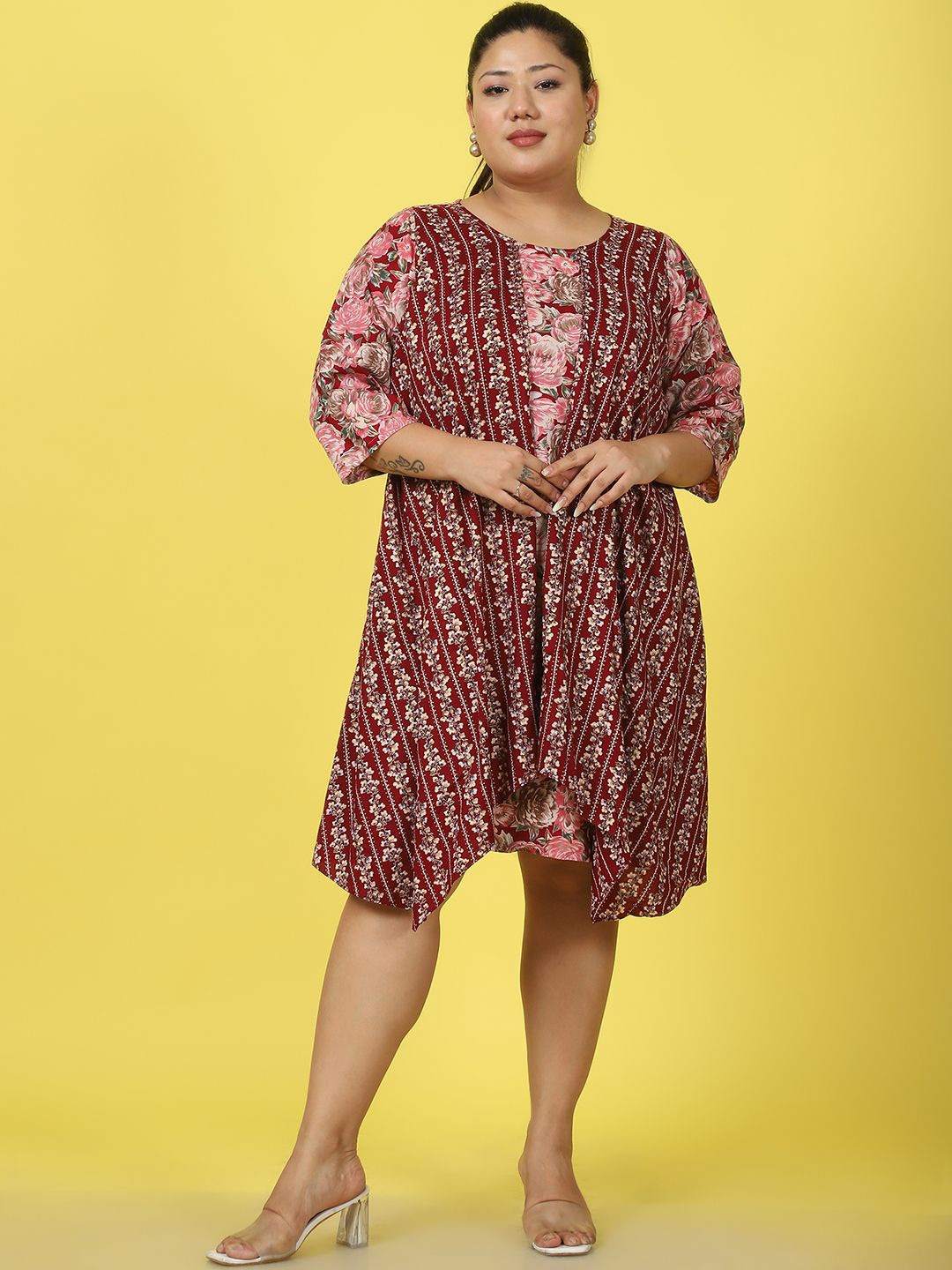 

theRebelinme Plus Size Ethnic Motifs Print Layered Fit & Flare Dress, Maroon