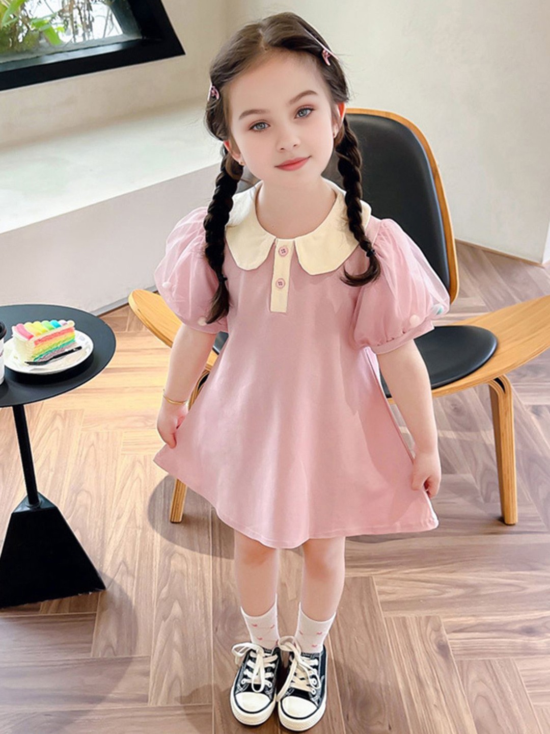 

INCLUD Girls Peter Pan Collar Puff Sleeves A-Line Dress, Pink