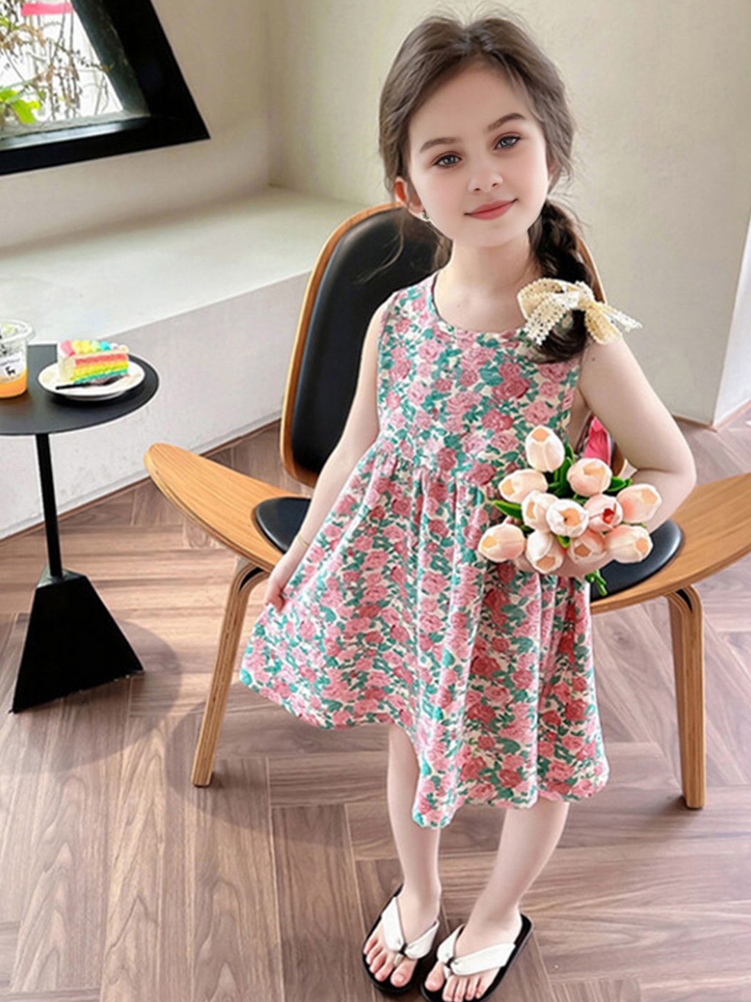 

INCLUD Girls Floral Printed Bow Applique Fit & Flare Dress, Green