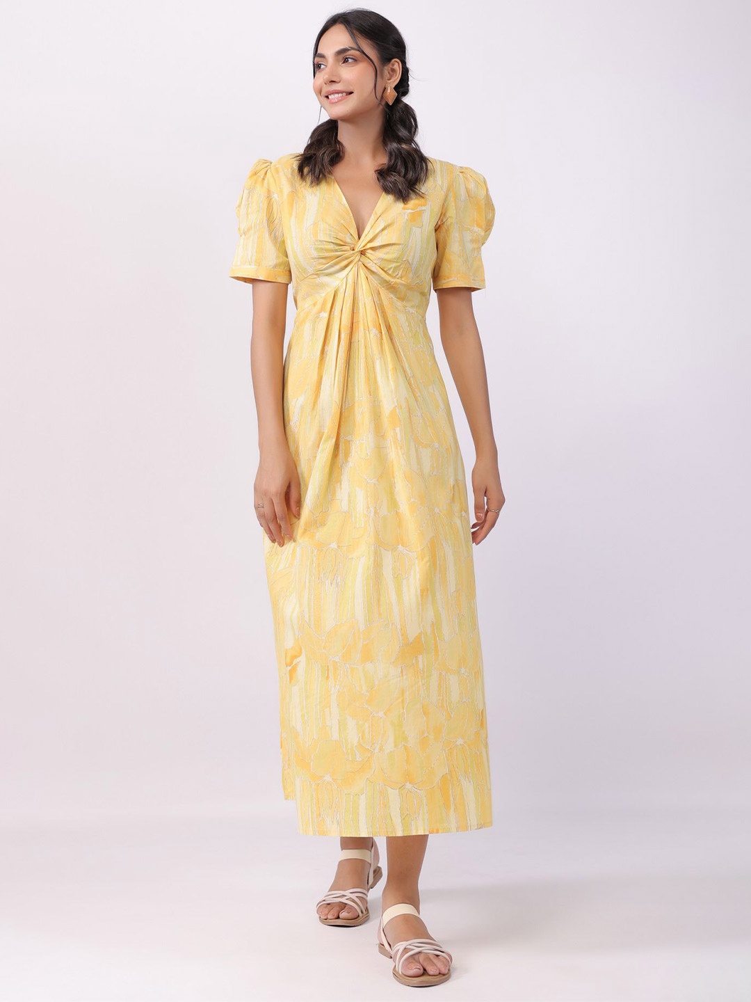 

JISORA Printed Pure Cotton Fit and Flare Midi Dress, Yellow