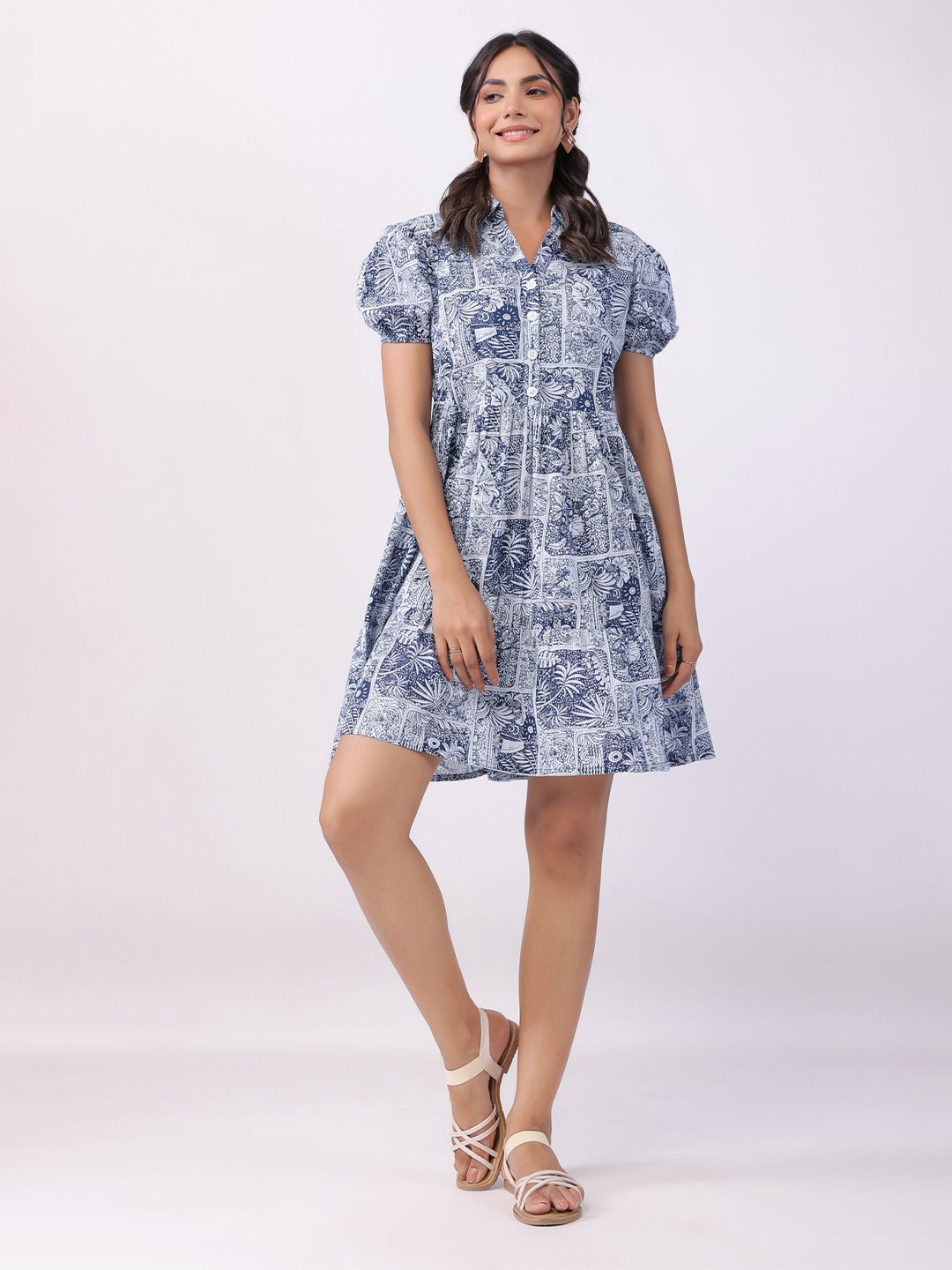 

JISORA Pure Cotton Ethnic Motifs Print Pure Cotton A-Line Dress, Blue