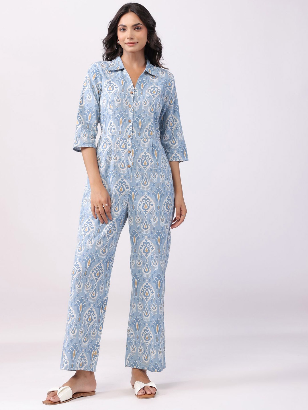 

JISORA Printed Shirt Collar Basic Jumpsuit, Blue