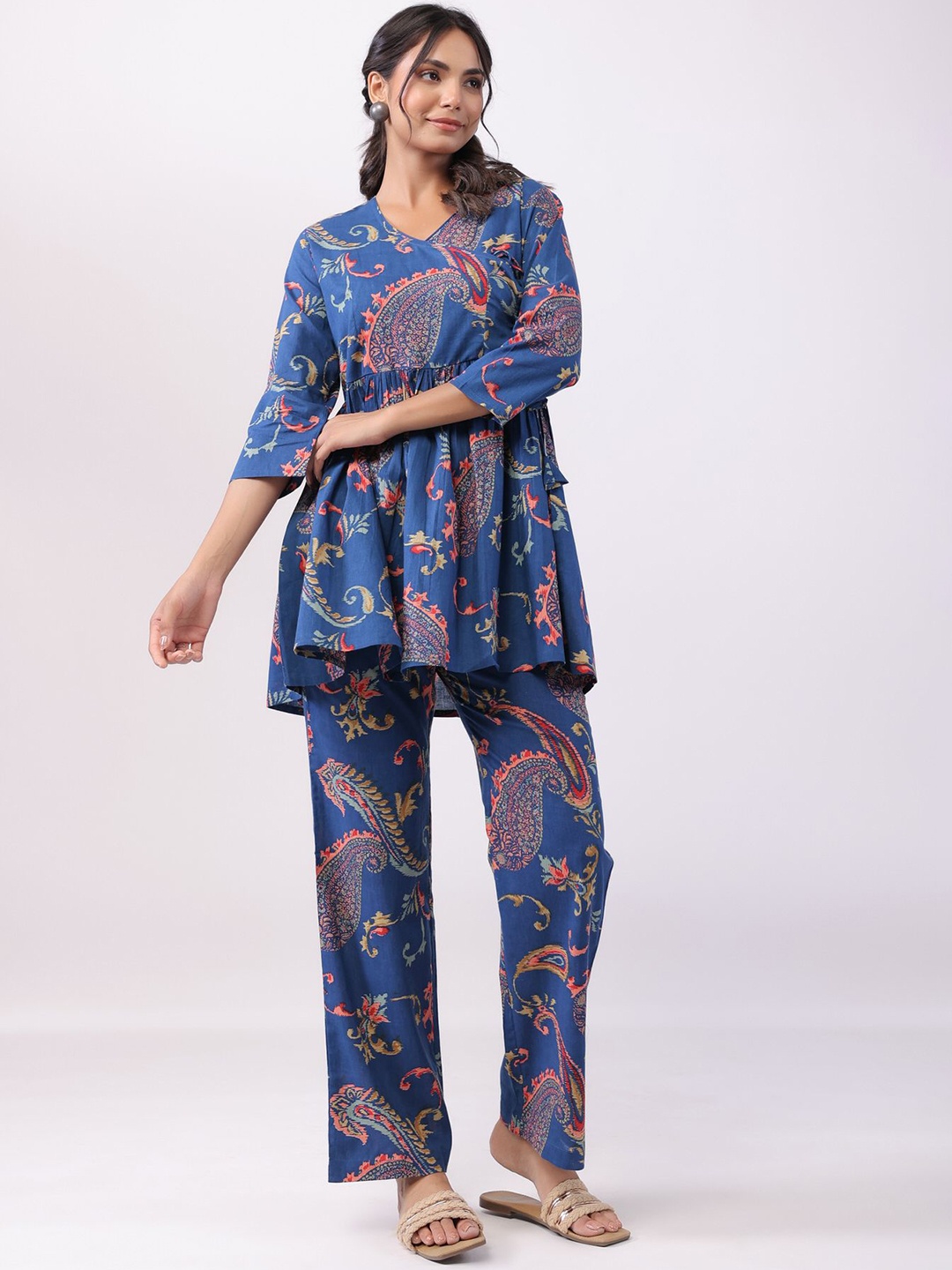 

JISORA Printed Pure Cotton Top With Trousers, Navy blue