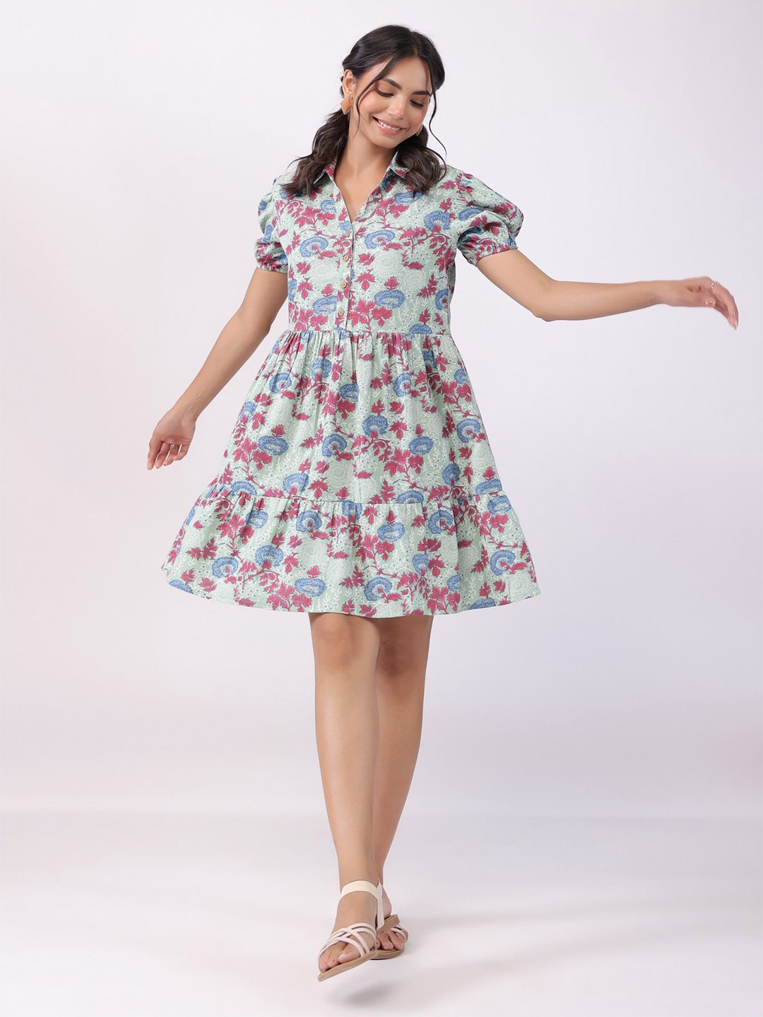 

JISORA Floral Puff Sleeves Pure Cotton Fit & Flare Dress, Green