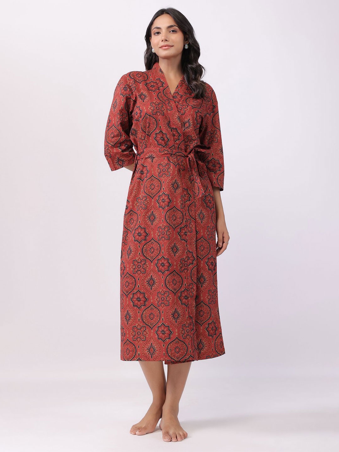 

JISORA Women Printed Pure Cotton Robe, Maroon