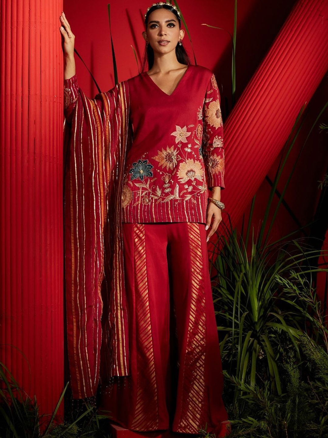 

Shreeka Floral Embroidered Thread Work Kurti With Sharara & Dupatta, Red