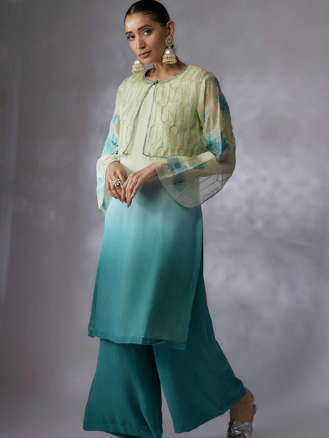 

Shreeka Women Ombre Dyed Regular Kurta with Trousers & Jacket, Teal