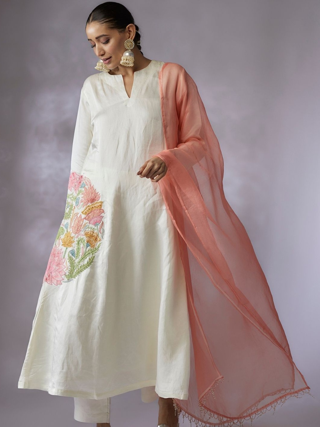 

Shreeka Women Embroidered Solid Pure Cotton Kurta with Trousers & Dupatta, Off white