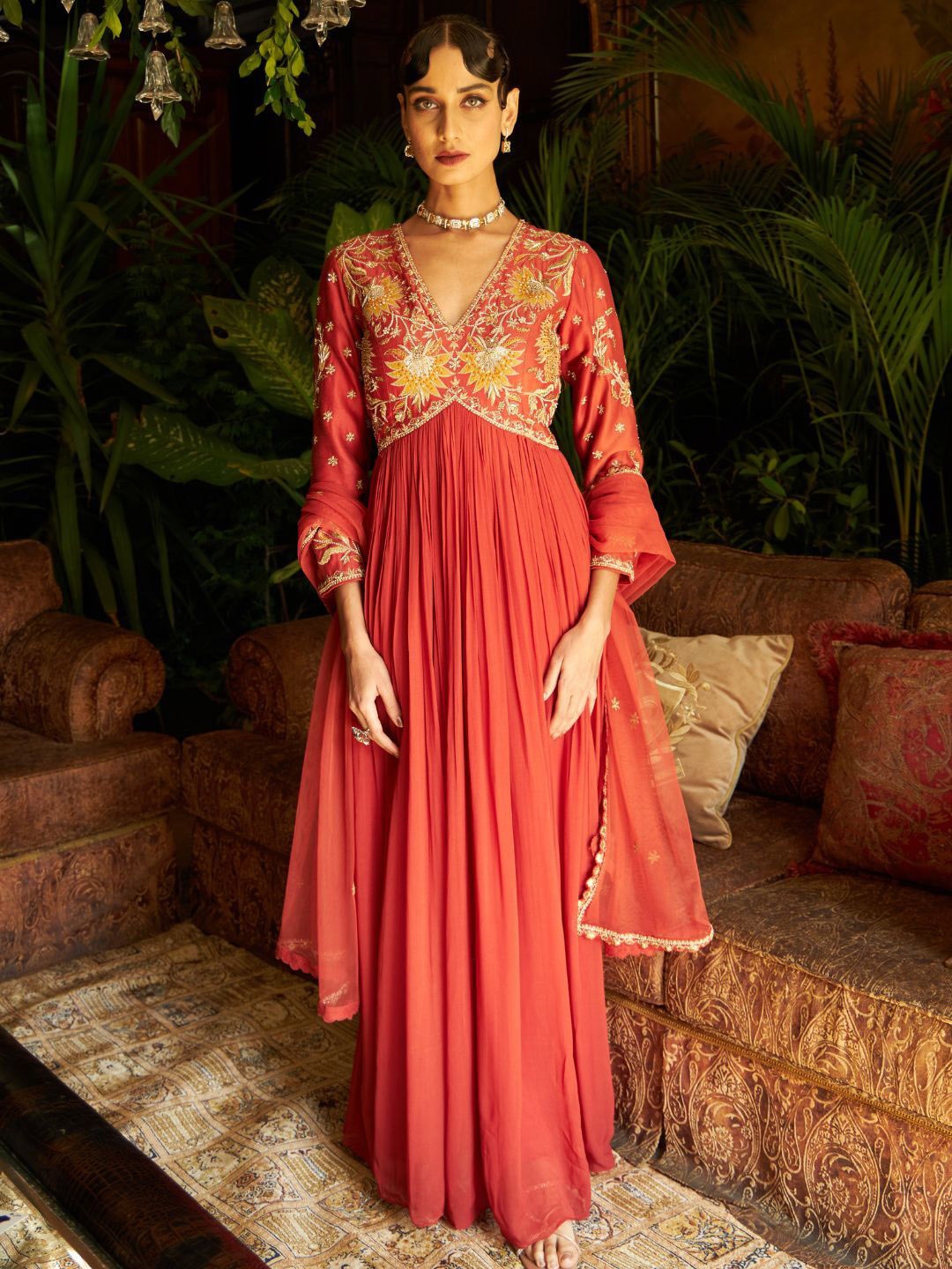 

Shreeka Floral Women Embroidered Anarkali Kurta With Churidar & Dupatta, Rust