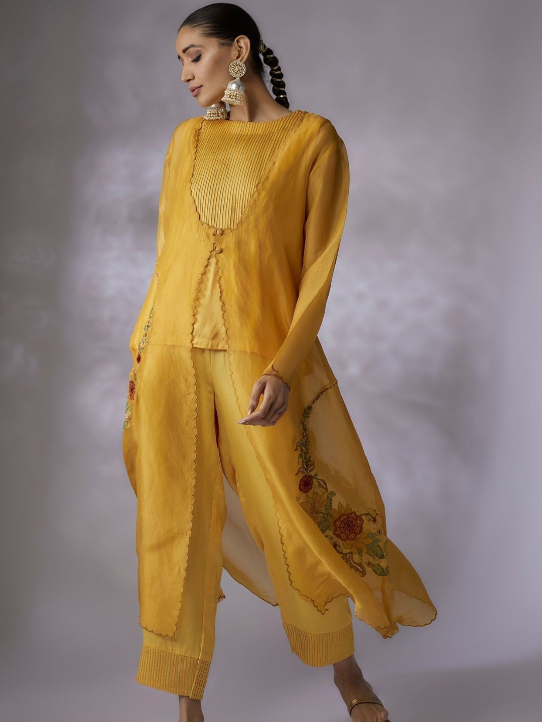 

Shreeka Women Striped Tunic With Trouser & Embroidered Jacket Co-Ords, Yellow