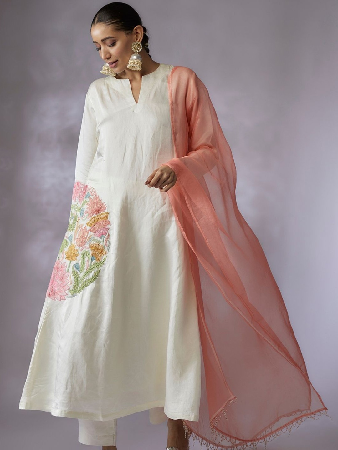 

Shreeka Women Floral Embroidered Sequinned Kurta With Trousers & Dupatta, Cream
