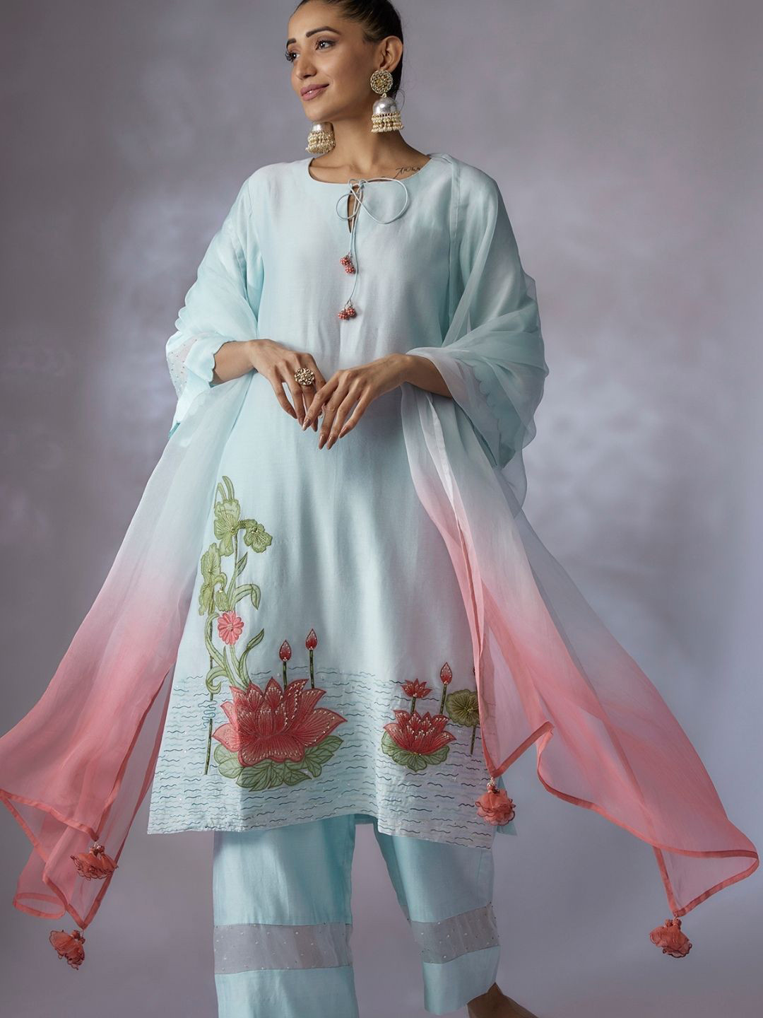 

Shreeka Floral Embroidered Pure Cotton Straight Kurta with Trousers & Dupatta, Blue