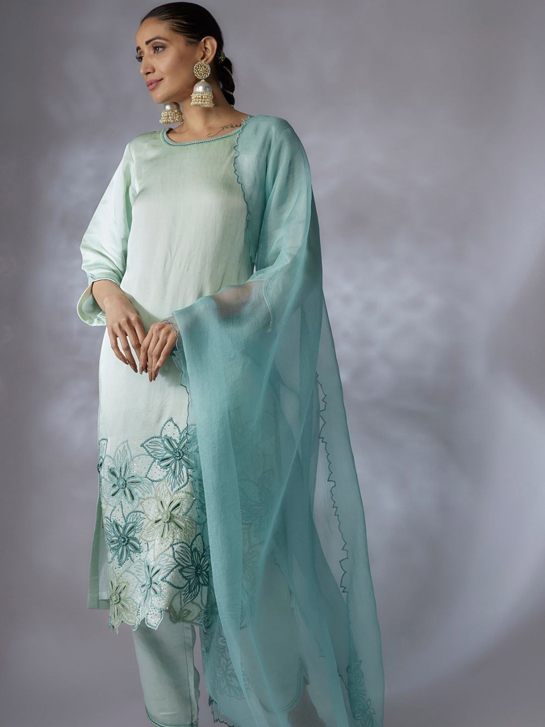 

Shreeka Floral Embroidered Thread Work Kurta With Trousers & Dupatta, Green