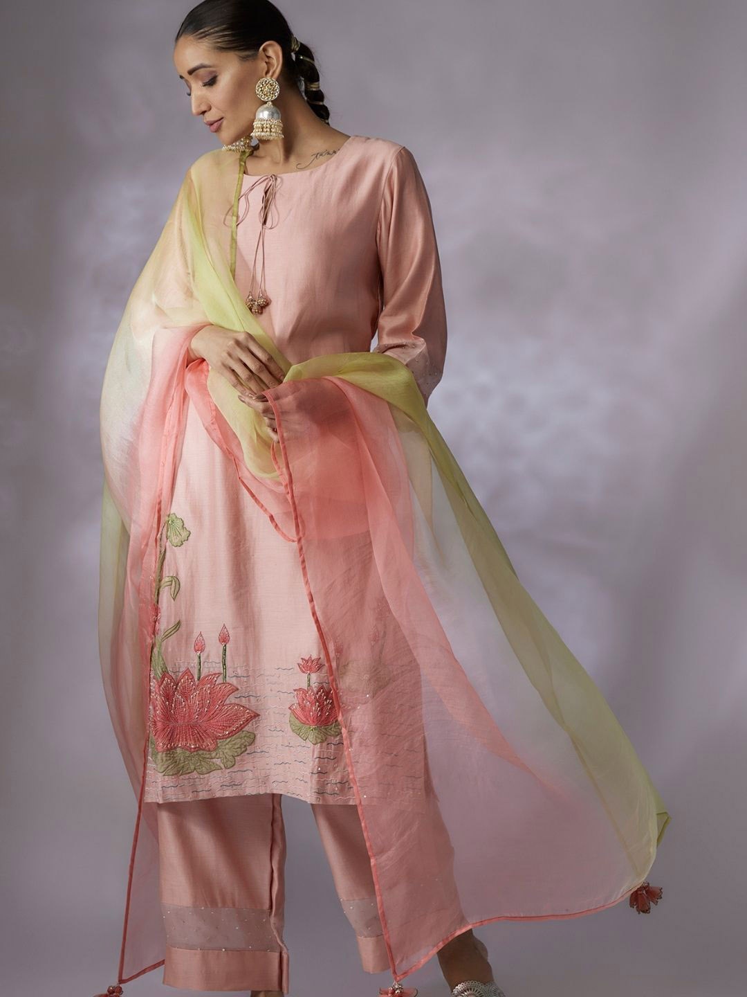 

Shreeka Floral Embroidered Thread Work Kurta With Palazzos & Dupatta, Pink