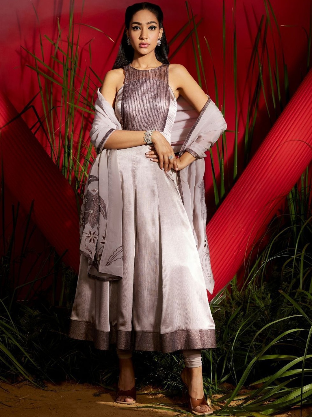 

Shreeka Women Embroidered A-Line Kurta with Trousers & Dupatta, Brown