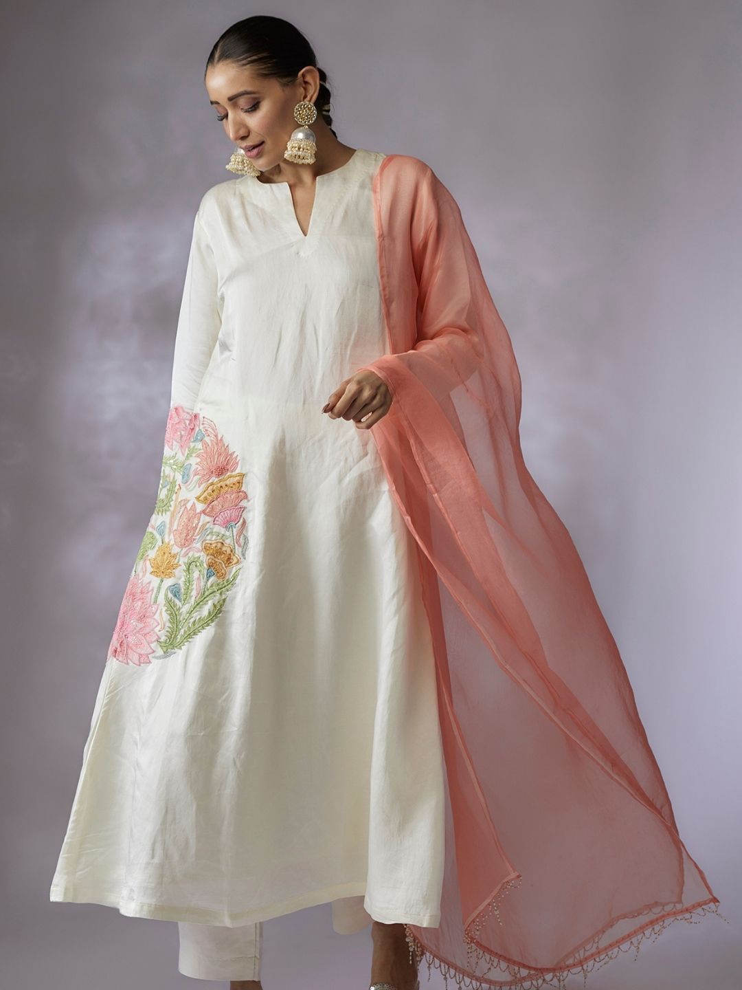 

Shreeka Women Embroidered Solid Kurta With Trousers & Dupatta, Cream