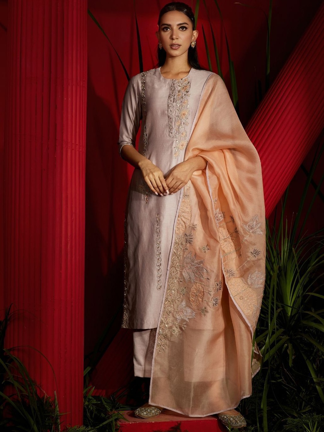 

Shreeka Women Embroidered Solid Kurta With Trousers & Dupatta, Purple