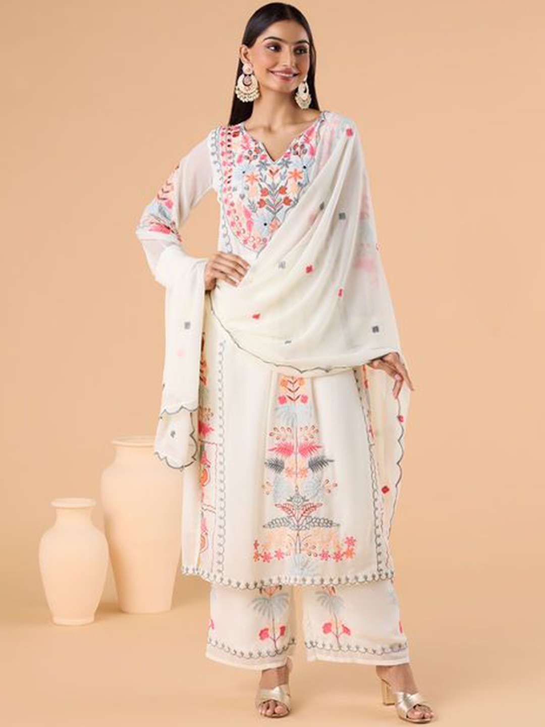 

Fashion Basket Floral Embroidered Thread Work Kurta With Palazzos & Dupatta, White