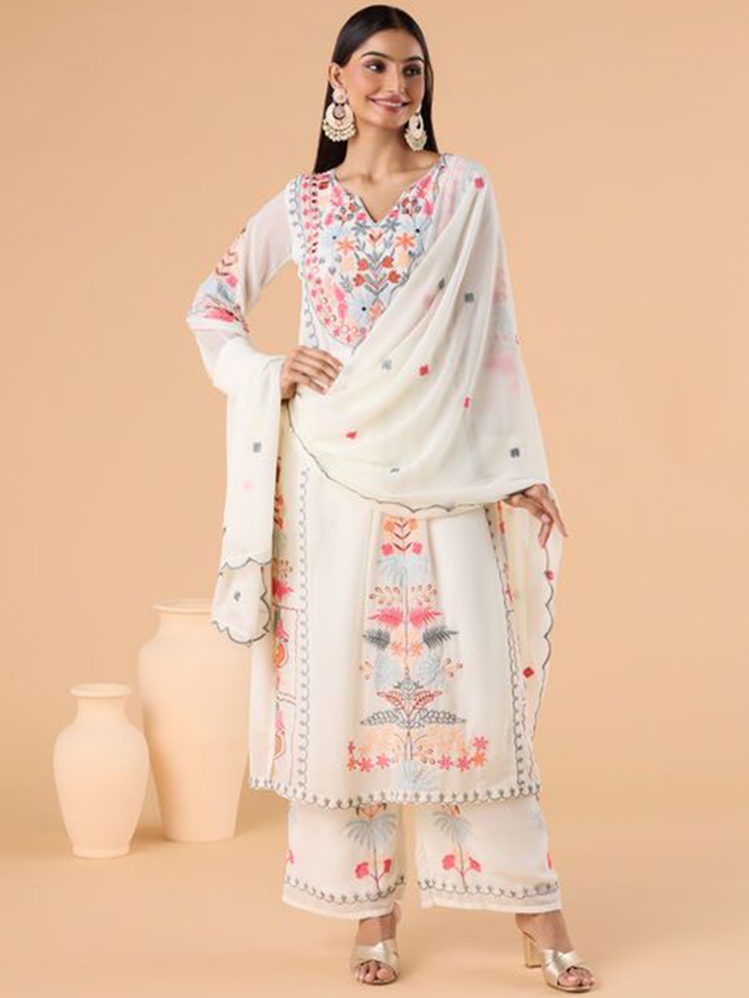 

Fashion Basket Floral Embroidered Thread Work Kurta With Palazzos & Dupatta, White